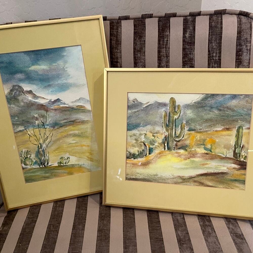 Framed Arizona Saguaro and Landscape Art signed by artist Erica Vipond  set of 2